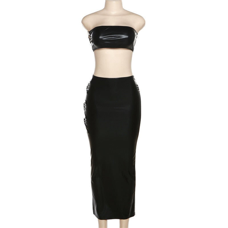 Graceful in Leather: The Two-Piece Skirt and Crop Top Set