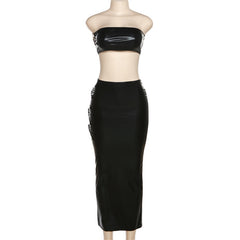 Graceful in Leather: The Two-Piece Skirt and Crop Top Set