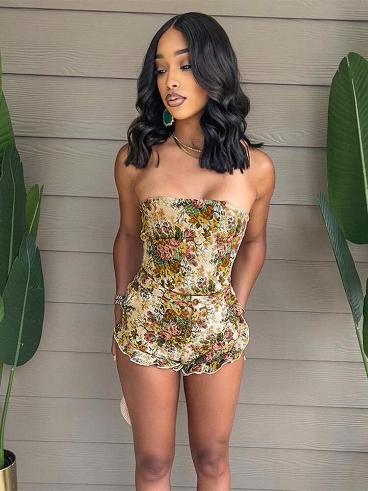 Hawthaw Women Floral Printed Tube Tops Shorts Pants Two Piece Sets Outfits 2022 Summer Clothes Wholesale Items For Business