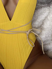 Solid Strapped Swimwear Sexy High Waist Cut One Piece Backless Hollow Belt Bathing Suit