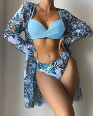 Floral Print Bikini Set - Low Waist Twist Swimsuit Long Sleeve Cover Up Three Pieces Beach Bathing Suit