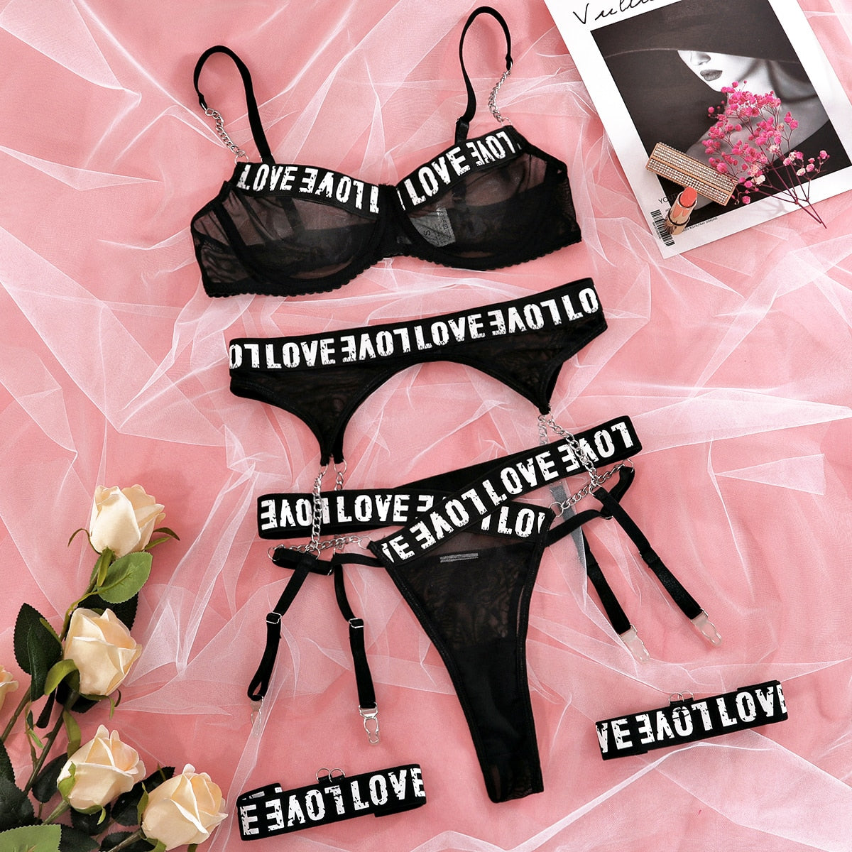 Ellolace Letter Lingerie Sexy Underwear 4-Pieces Sensual Transparent Lace Pussy Panties Erotic Set Bra With Chain Exotic Outfits