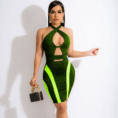 Sexy Backless Halter Bodycon Midi Dress 2022 Patchwork Hollow Cut Out Elegant Bandage Party Dress for Women Summer Club Outfits