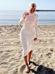 Hollow Out Backless Knitted Dress Long Sleeve Lace Up Mix Dress