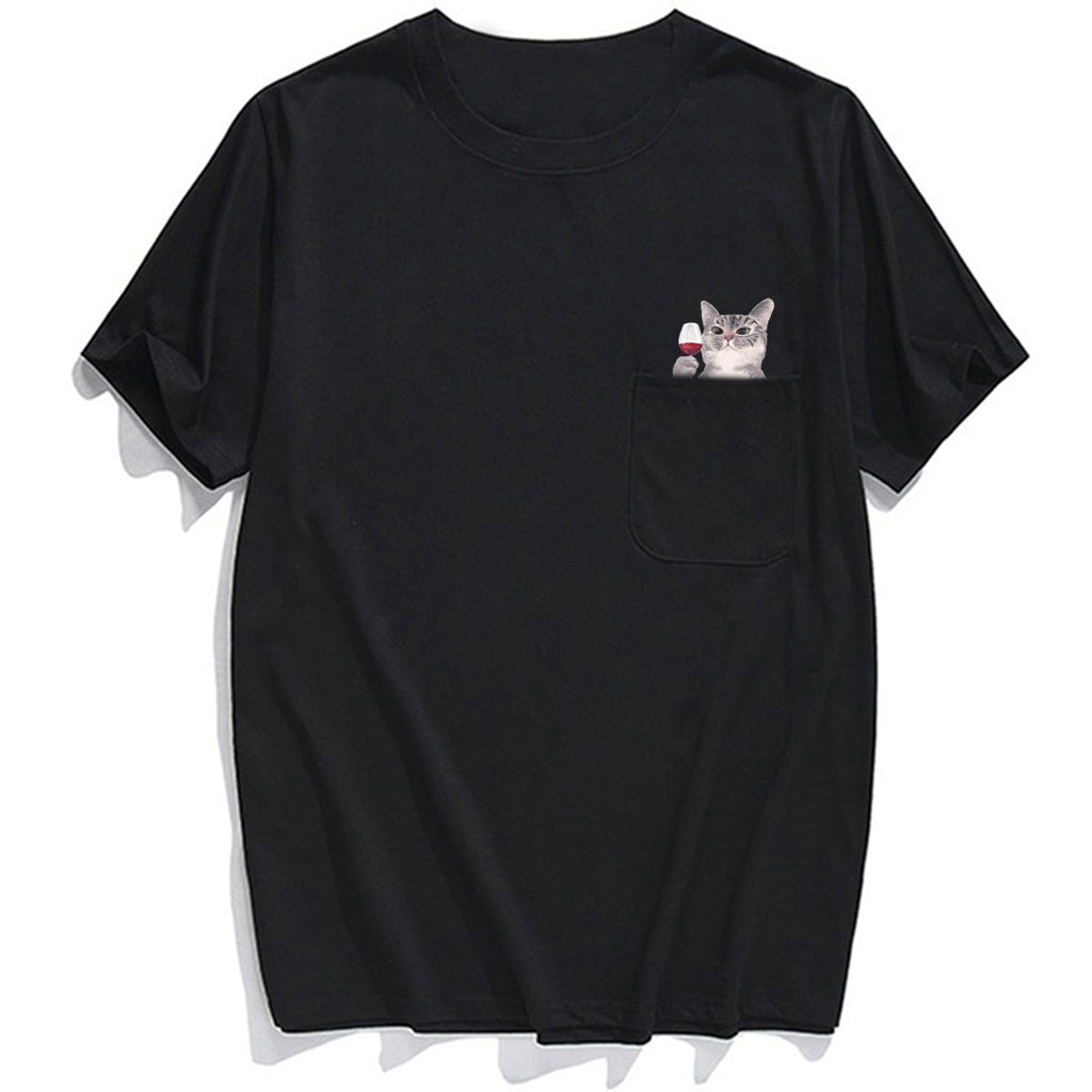 Animal T-Shirt Pocket Cat Stickers Printed T-shirt Tops Funny Cotton Tees