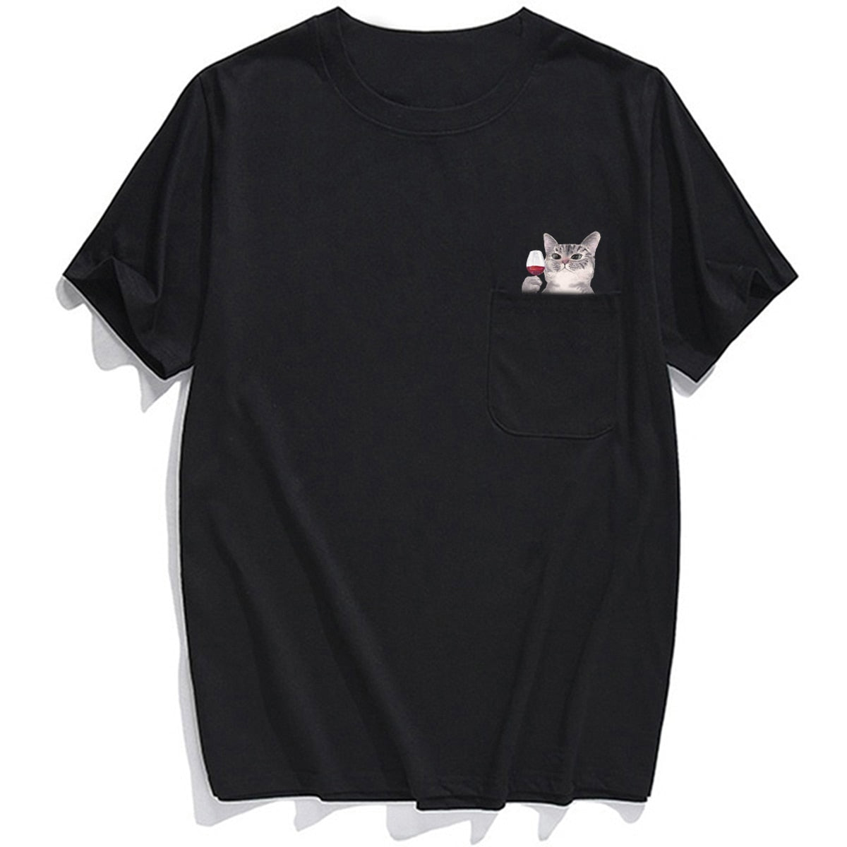 Animal T-Shirt Pocket Cat Stickers Printed T-shirt Tops Funny Cotton Tees