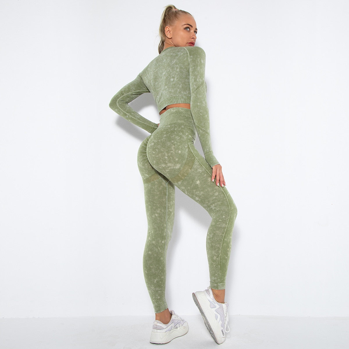 Women Seamless High Waist Yoga Set Long Sleeve Crop Top High Waist Leggings