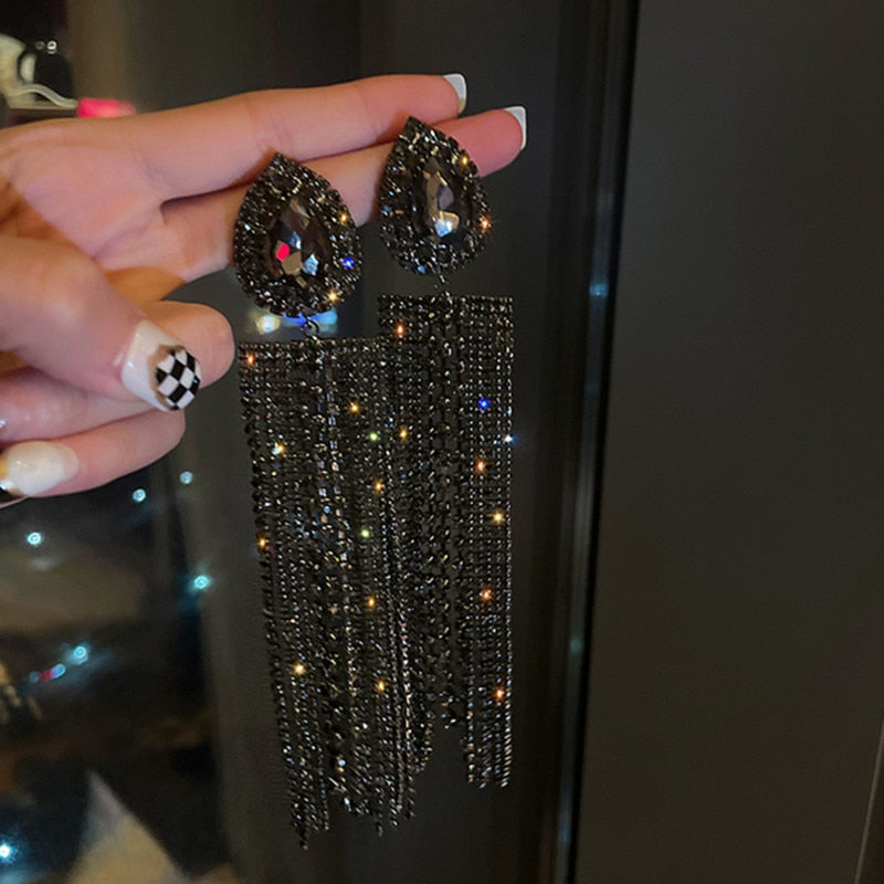 Trina Black Gold Color Water Drop Crystal Earrings Oversize Long Tassel Rhinestone Main image