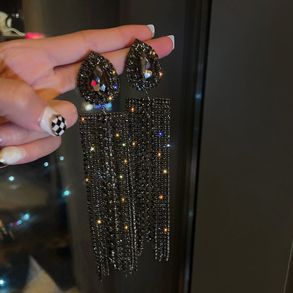 Trina Black Gold Color Water Drop Crystal Earrings Oversize Long Tassel Rhinestone