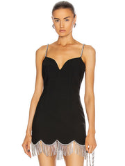 Adyce 2022 New Summer Women Black Spaghetti Strap V Neck Mini Bandage Dress Sexy Diamonds Tassel Celebrity Runway Party Dresses