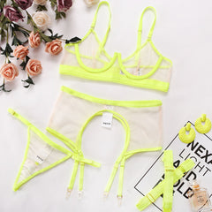 Ellolace Neon Sensual Sexy Female Lingerie Transparent Bra Panty Set 4-Pieces See Through Seamless Exotic Sets Fancy Underwear