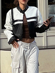 SUCHCUTE Korean Street Contrast Black White Print Leather Jackets Motorcycle O Neck PU Coats Zip Up Moto &amp; Biker Women Tops 가죽자켓