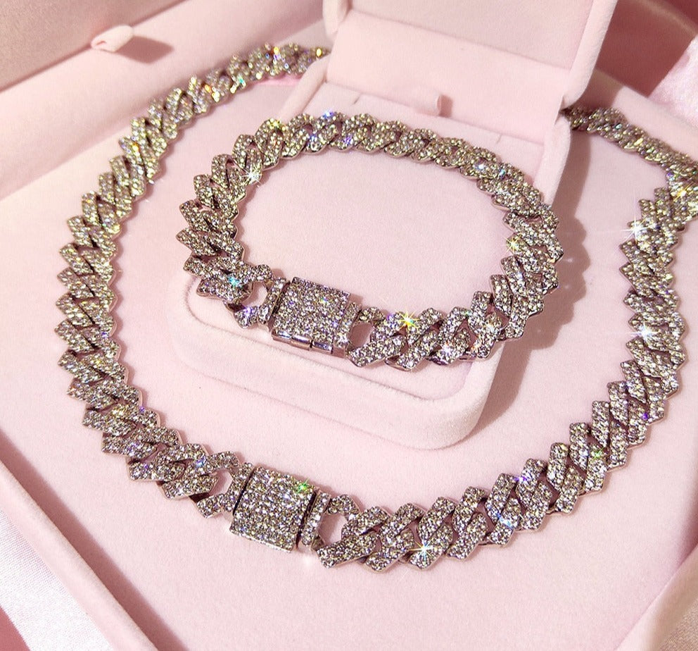 Silver Color Rhinestones Prong Miami Cuban Link Chain Necklace Main image