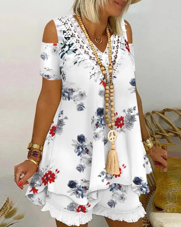 Shorts Set For Women 2022 Summer Casual Fashion Floral Print Cold Shoulder Tassel Flowy Short Sleeve Top &amp; Shorts Set