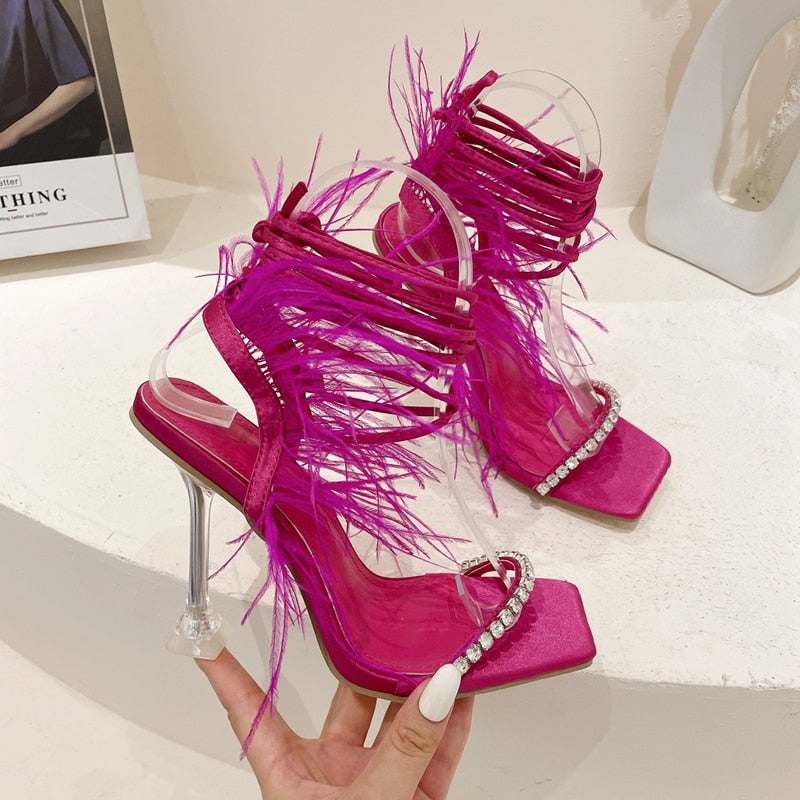 Eilyken Fashion Summer Rhinestone Feather Women Sandals Lace-up Cross-Tied Sexy Gladiator Square Toe Ladies High Heel Shoes