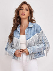 Loose Tassel Washed Blue Denim Jacket Streetwear