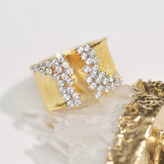 Finger Ring with CZ Stone Wiredrawing Effect Gold Color Wide Rings Luxury Female Jewelry Party