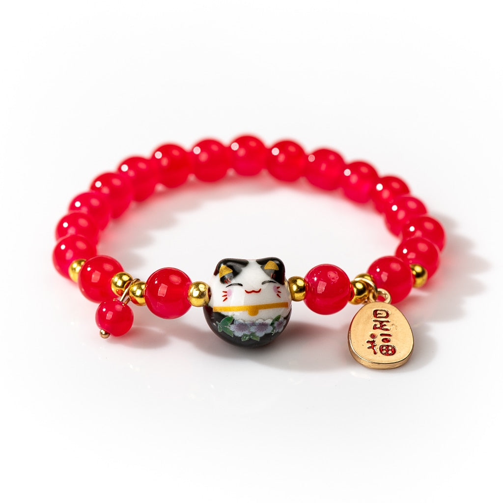 Contracted Red Beads Ceramic Bracelet Hand Woven Rope Beaded Plutus Cat Stretch Bracelet #Z684
