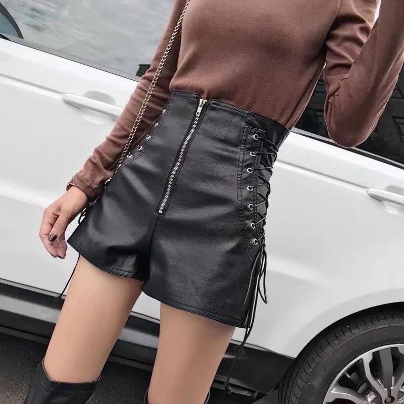 2022 New Female Black Bandage Pu Leather Shorts Women&#39;s Sexy High Waist Buttock Tight Boots Shorts