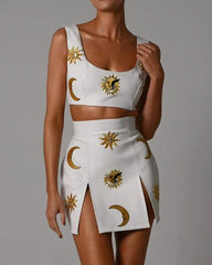 Women High Quality Sexy Fashion Diamond Decoration Two Pieces &amp; Skirt Set