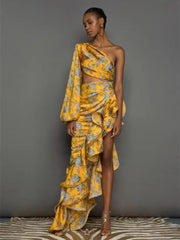 Sexy Slanted Shoulder Floral Irregular Ruffle Dress Summer One Shoulder Cut Out Ruffle Long Dress Women Party Club Evening Dress