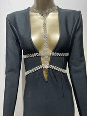 Celebrity High Quality Black Long Sleeve V-neck Sparkly Diamonds Rayon Bandage Dress Elegant Cocktail Party Dress Vestidos