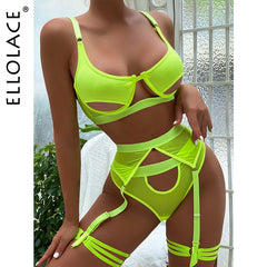 Ellolace Hollow Out Erotic Lingerie Apparel Underwear Set Solid Sexy Costume Bra 3 Piece Porn Sissy Intimate Sensual Sex Suit