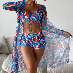 Tropical High Waist Bikini Three Pieces - Long Sleeve Cover Up Swimsuit Bathing Suit
