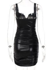 CNYISHE 2022 Summer Spaghetti Strap V-neck PU Leather Dress Women Spring Streetwear Wrap Hip Dress Female Backless Party Dresses