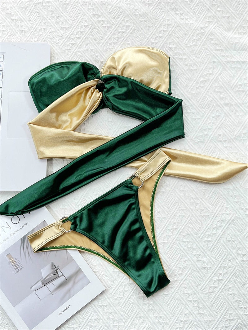 Green Gold Bikini - A Sexy Strapless Bandeau Swimwear