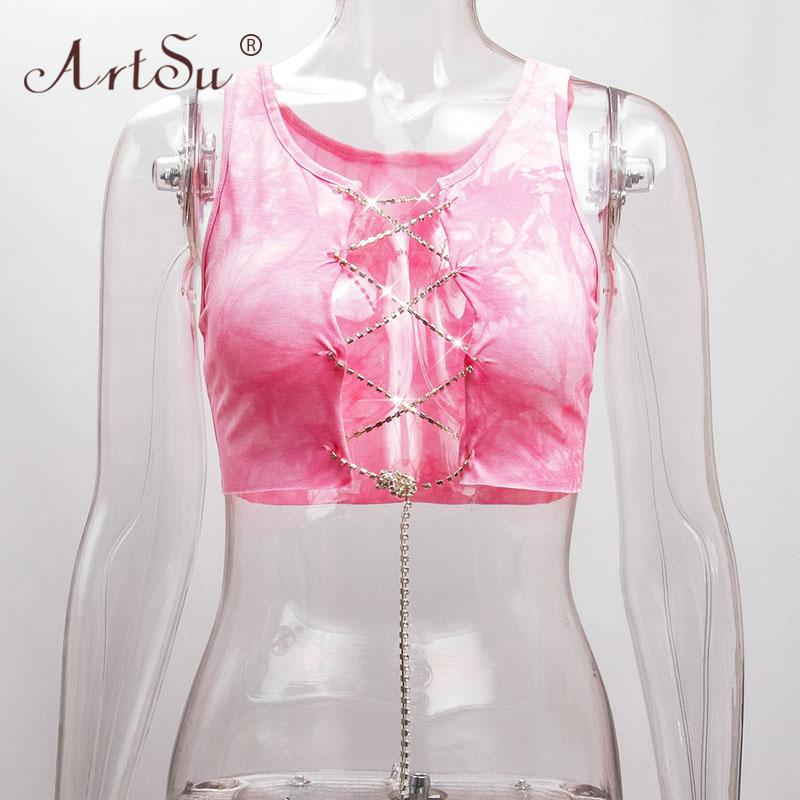 ArtSu Red Black White Metal Chain Sleeveless Crop Top Sexy Clubwear Women Adjustable Lace Up Hollow Out Tank Tops Tees Camisole