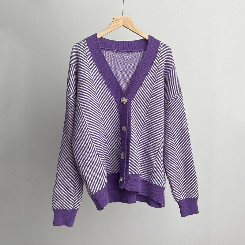 Violette Oversized Striped V-Neck Knit Cardigan One-piece