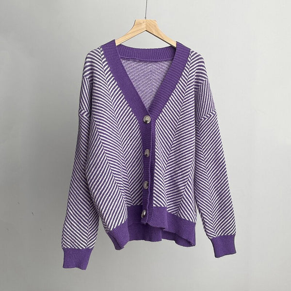 Violette Oversized Striped V-Neck Knit Cardigan One-piece