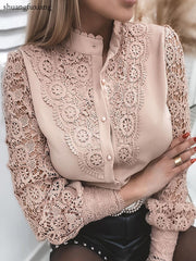 Women Sexy Lace Patchwork Hollow Out Shirt Blouse Long Sleeve O-Neck Mesh Design Tops 2022 Spring White Vintage Button Shirts