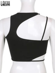 Crop Top Women Hollow Out Black Blouses Sleeveless Skinny Cool Punk T Shirts Techwear 2022 Summer New Sexy Tank Tops Y2k Clothes