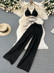 SINGREINY Women Summer Design Knitted Set Sexy Backless Halter Short Tops+Chic Hollow Knitted Wide Leg Long Pants Two Piece Suit