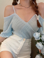 Fines blouses V-neck Strapless Sweater Women Summer New Slim Irregular Bottoming shirt Short-sleeved Top Women Shirts