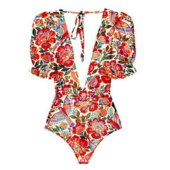 Retro Print Deep V Gorgeous Red And One-Piece Suit With Skirt Cover Up