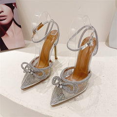 Transparent PVC Rhinestone Pumps Silver Pointed Toe Bowknot Sandals High Heels Crystal Shoes