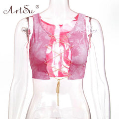 ArtSu Red Black White Metal Chain Sleeveless Crop Top Sexy Clubwear Women Adjustable Lace Up Hollow Out Tank Tops Tees Camisole