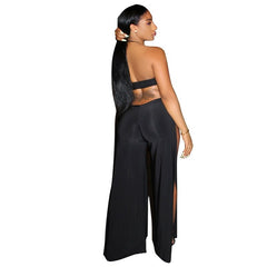 Halter Plus Size Jumpsuit Women Summer Bandage Hollow Out Loose Jumpsuits for Women Clubwear High Slit Black Sexy Jumpsuit S-5XL