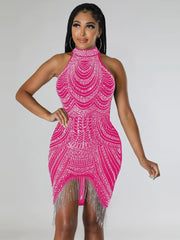 Sexy Glitter Rhinestone Crystal Tassel Hem Mini Dress