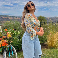 Women Chiffon Tops Print Tie Navel Flared Sleeves Slim Fashion Casual Graceful Colorful Casual Outdoor Fashion Lady Streetwear