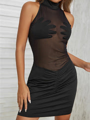 Cryptographic Summer Sleeveless Mesh Sheer Dress for Women Party Club Outfits Elegant Sexy Backless Mini Dresses Bodycon Clothes