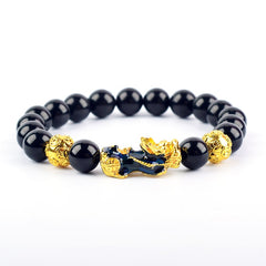 Unisex Stone Beads Bracelet Wristband Gold Color Six Character Proverbs Wealth and Good Luck