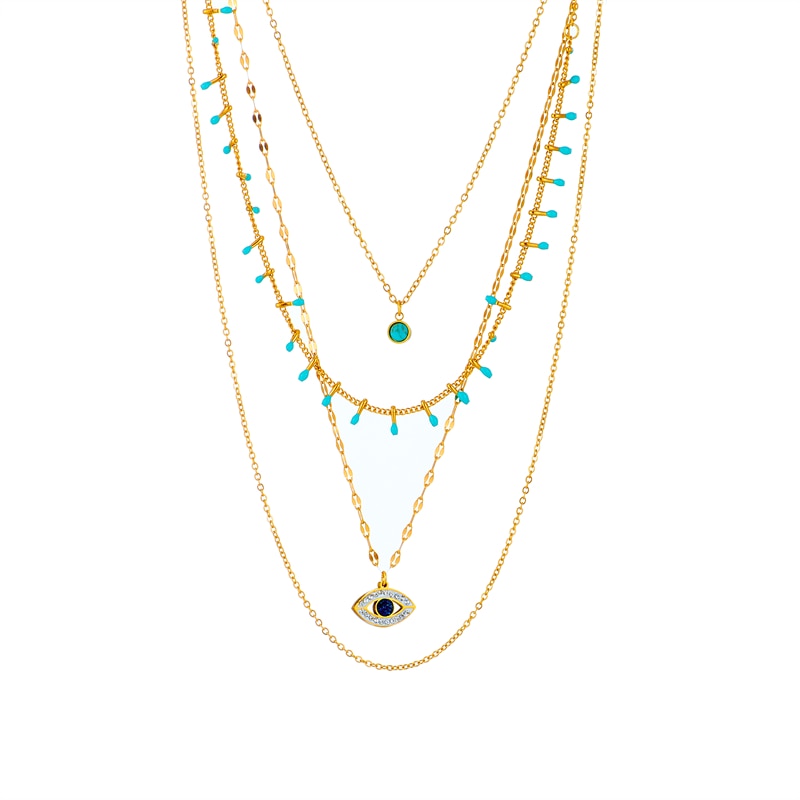DIEYURO 316L Stainless Steel Jewelry Multilayer Green Stone Eye Necklaces For Women Vintage Chokers Party Gift Accessories