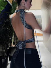 Articat Backless Lace-up Off Shoulder Strap Short Tank Top Women Bright Silk Slim O-Neck Vest 2023 Spring Fashion Streetwear