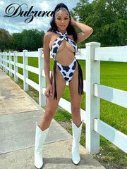 Dulzura 2022 Summer Women Tassel Sexy Y2K Clothes Hollow Out Sleeveless Backless Crop Thong Skinny Bodysuit Romper Outfits Club