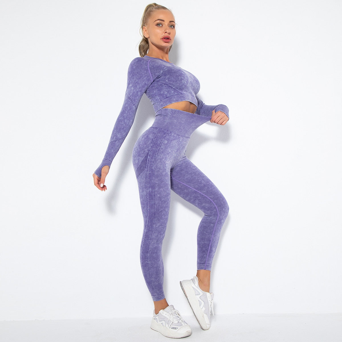 Women Seamless High Waist Yoga Set Long Sleeve Crop Top High Waist Leggings