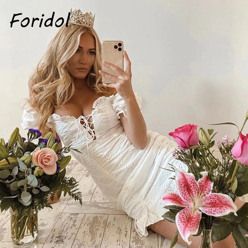Lace up embriodery white summer dress women hollow out beach short dress puff sleeve ruffle ruched bodycon mini dress vestidos